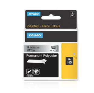 18486 "DYMO, CONSUMABLES, INDUSTRIAL PERMANENT POLYESTER LABELS, 1/2"(12M)X18"(5M), BLACK ON METALLIC,FOR USE IN RHINO LABEL PRINTERS, UL969, 1 CARTRIDGE PER CASE, PRICED PER CASE, 5 CASE MINIMUM"