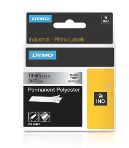 18487 DYMO, CONSUMABLES, INDUSTRIAL PERMANENT POLYESTER LABELS FOR USE IN RHINO LABEL PRINTERS, 3/4"(19MM) X 18" (5M), BLACK ON METALLIC, UL969, 1 PER CASE, PRICED PER CASE, MOQ 5