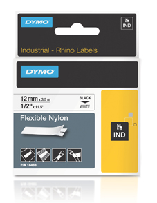 18488 DYMO, CONSUMABLES, 1/2" FLEXIBLE NYLON LABEL FOR USE IN RHINO LABEL PRINTERS, 1/2"(12M)X18"(5M), THERMAL TRANSFER BLACK ON WHITE, UL 969, 1 CARTRIDGE PER CASE, PRICED PER CASE, MIN 5