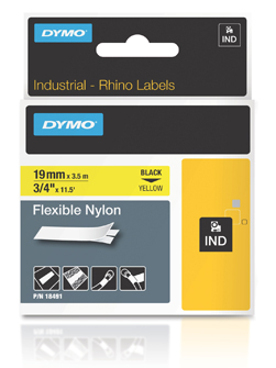 18491 DYMO, CONSUMABLES, INDUSTRIAL FLEXIBLE NYLON LABELS FOR USE IN RHINO LABEL PRINTERS, 3/4"(19MM)X 18"(5M), BLACK ON YELLOW, UL969, 1 CARTRIDGE PER CASE, PRICED PER CASE