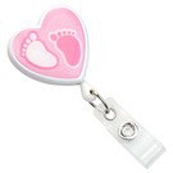 2120-7632 BRADY PEOPLE ID, BADGE REEL, WHITE HEART SHAPE W/PINK BABY FOOTPRINT DOME LABEL, SWIVEL BACK AND CLEAR VINYL STRAP PACKED AND SOLD IN UNITS OF 25