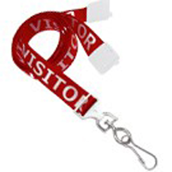 2138-5220 "BRADY PEOPLE, LANYARD, 36 INCH, RED WITH WHITE "VISITOR" IMPRINT AND SWIVEL HOOK. SOLD IN PACKS OF 100"