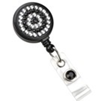 RHN-BR-BLK BRADY PEOPLE ID, RHINESTONE BADGE REEL, BLACK ROUND REEL WITH BLACK AND CLEAR RHINESTONES,NPS BELT CLIP, CLEAR VINYL STRAP WITH ONE BLACK RHINESTONE ON STRAP SNAP PACKED AND SOLD IN UNITS OF 25