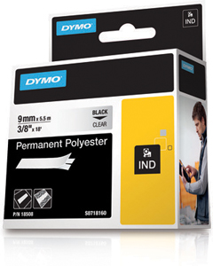 18508DMO DYMO, LABELS, RHINO, 3/8 INCH CLEAR PERMANENT POLY LABELS,