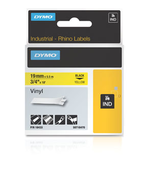 18433 DYMO, CONSUMABLES, THERMAL TRANSFER BLACK ON YELLOW VINYL LABELS, 3/4"(19MM)X18"(5M)FOR USE IN RHINO LABEL PRINTERS, UL969, 1 CARTRIDGE PER CASE, PRICED PER CASE