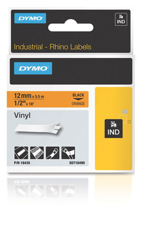 18435 DYMO, CONSUMABLES, ALL PURPOSE 1/2"(12M)X18"(5M) VINYL LABELS, BLACK ON ORANGE, UL969, FOR USE IN RHINO LABEL PRINTERS, 1 CARTRIDGE PER CASE, PRICED PER CASE