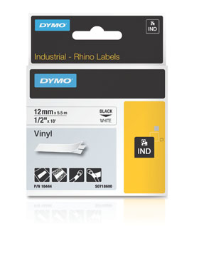 18444 DYMO, CONSUMABLES, ALL PURPOSE 1/2"(12M)X18"(5M) VINYL LABELS, BLACK ON WHITE, UL969, FOR USE IN RHINO LABEL PRINTERS, 1 CARTRIDGE PER CASE, PRICED PER CASE