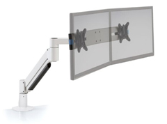 7000-SWITCH-1000-248 "HAT DESIGN WORKS, 7000-SWITCH DUAL MONITOR ARM SUPPORTS TWO FLAT SCREEN DISPLAYS UP TO 24" WIDE AND 13 LBS PER MONITOR. ORIENT MONITORS SIDE BY SIDE OR ONE OVER ONE. CLAMP OR GROMMET MOUNT. WHITE"