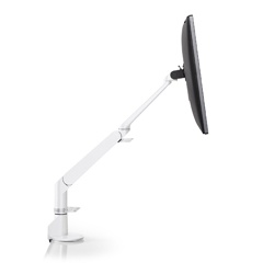5900-248 HAT DESIGN WORKS, EVO SINGLE MONITOR ARM. SPACE SAVING SLIM ARM. HEIGHT ADJUST RANGE 10.4". EXTENSION RANGE 18". SCREENS UP TO 27" AND 15 LBS. CLAMP MOUNT UP TO 1.5" THICK SURFACE.  WHITE