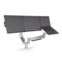 7050-500-500SR-124 HAT DESIGN WORKS, DUAL MONITOR ARM PLUS LAPTOP ARM IN A SINGLE DESKTOP MOUNT. MONITORS MOUNT SIDE BY SIDE ON SINGLE ARM. 24"" EXTENSION FOLDS TO 3"". SCREENS MAX 13LBS & 24"" EACH. LAPTOP MAX 13.5LBS.