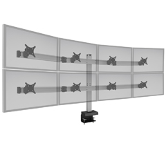 BILD-4-4-CM-104 HAT DESIGN WORKS, BILD CLAMP MOUNT FOR 8 DISPLAYS, FOUR OVER FOUR. SUPPORTS EIGHT 24" MONITORS UP TO 30 LBS EACH. IDEAL FOR COMMAND AND CONTROL, BROADCASTING AND FINANCE. 75, 100 VESA. BLACK