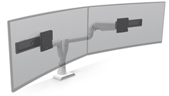 E5G-D2SD-WHT HAT DESIGN WORKS, TAA E5 DUAL DYNAMIC WIDE MONITOR ARM, SUPPORTS (2) SCREENS 0-20 LBS AND UP TO 44"" EACH, VESA 75/100MM, QUICK INSTALL W/CABLE MGMT, ROTATION STOPS, TENSION INDICATOR, 15 YR WARRANTY,