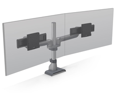 E5G-P02S-SLV HAT DESIGN WORKS, E5 DUAL STATIC MONITOR ARM, SUPPORTS (2) SCREENS 0-25LBS AND UP TO 32"" EACH, 14.2"" EXTENSION RANGE, VESA 75/100MM, QUICK INSTALL CLAMP MOUNT W/CABLE MGMT, ROTATION STOPS, 15 YR WAR