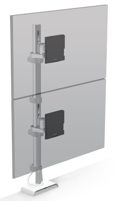 E5G-P11-SLV HAT DESIGN WORKS, TAA E5 1 OVER 1 STATIC POLE MONITOR ARM, SUPPORTS (2) SCREENS 0-30LBS AND UP TO 49"" EACH, VESA 75/100MM, QUICK INSTALL TOP DOWN MOUNT W/CABLE MGMT, 15 YR WARRANTY, TAA, SILVER