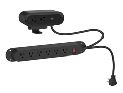 PWRG-ACC-TD-STRP-BK HAT DESIGN WORKS, REYA POWER STRIP W/ SURFACE POWER, BLACK, TAA, 65W, SURFACE MODULE W/2 POWER RECEPTACLES, 1 USB-A, 2 USB-C WITH 3" CORD TO POWER STRIP W/6 POWER RECEPTACLES, 9" CORD TO OUTLET, UL 96