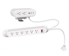 PWRG-ACC-TD-STRP-WH HAT DESIGN WORKS, REYA POWER STRIP W/ SURFACE POWER, WHITE, TAA, 65W, SURFACE MODULE W/2 POWER RECEPTACLES, 1 USB-A, 2 USB-C WITH 3" CORD TO POWER STRIP W/6 POWER RECEPTACLES, 9" CORD TO OUTLET, UL 96