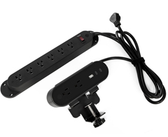 PWRG-ACCW-TD-STRP-BK HAT DESIGN WORKS, REYA POWER STRIP W/WIRELESS SURFACE POWER, BLACK, TAA, 65W, SURFACE MODULE W/2 PWR RECEPTACLES, 1USB-A, 2 USB-C W/ 3" CORD TO POWER STRIP W/6 PWR RECEPTACLES, 9" CORD TO OUTLET, UL 9