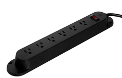 PWRG-STRP-BK HAT DESIGN WORKS, REYA POWER STRIP, BLACK, TAA COMPLIANT, 6 POWER RECEPTACLES, 9" CORD, TAMPER RESISTANT AC OUTLETS, INTEGRATED CIRCUIT BREAKER, UL 962A, UL 498