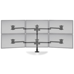 STX-33W-104 "HAT DESIGN WORKS, STAXX HEX MONITOR MOUNT FOR 3 OVER 3 WIDESCREENS UP TO 32" W/DESK CLAMP & GROMMET MOUNT, BLACK. SUPPORTS UP TO 10 LBS PER MONITOR. TAA COMPLIANT."