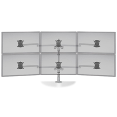 STX-33W-124 "HAT DESIGN WORKS, STAXX HEX MONITOR MOUNT FOR 3 OVER 3 WIDESCREENS UP TO 32" W/DESK CLAMP & GROMMET MOUNT, SILVER. SUPPORTS UP TO 10 LBS PER MONITOR. TAA COMPLIANT."