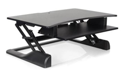 WNST-DESK-30-BLK HAT DESIGN WORKS, WINSTON SIT STAND DESKTOP CONVERTER, 30" WIDE W/ UPPER DISPLAY AND WORKSURFACE & LOWER, RETRACTABLE KEYBOARD & MOUSE AREA. MANUAL LIFT. SHIPS ASSEMBLED. SUPPORTS 35 LBS. (30"W X 24"D