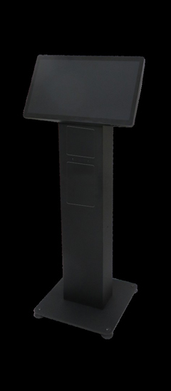 KS-1110-BL APG FLOOR STANDING KIOSK, BLACK, SCANNER AND PRINTER COVER, NO PINPAD MOUNT/ARM, UNIVERSAL VESA MOUNT PATTERNS, 8.5" X 5.125" X 46 FLOOR STAND, 16" X 16" X 1.188 BASE PLATE, 53 LBS.