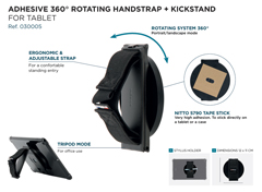 030005 UNIVERSAL ADHESIVE ROTATING HANDSTRAP 360 DEGREES + KICKSTAND FOR TABLET