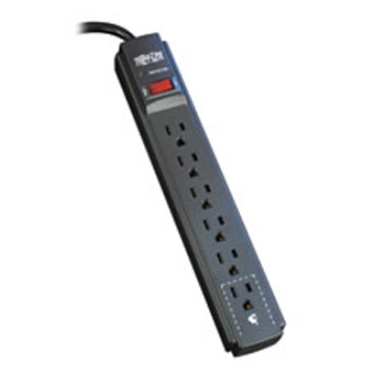 TLP606B TRIPP-LITE SURGE 7 OUT 3 TRANSF 6ft CORD 750 JOULES TRIPP LITE, SURGE PROTECTOR, 6 OUTLETS, 6 FOOT CORD, 750 JOULES, PROTECTED LED, BLACK, 10K ULTIMATE LIFETIME INSURANCE