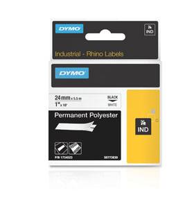 1734523 DYMO, CONSUMABLES, INDUSTRIAL PERMANENT POLYESTER LABELS, 1" (25MM)X 18"(5M), GLOSS, BLACK ON WHITE, FOR USE IN RHINO LABEL PRINTERS, PERMANENT ADHESIVE, 1 CARTRIDGE PER CASE, PRICED PER CASE
