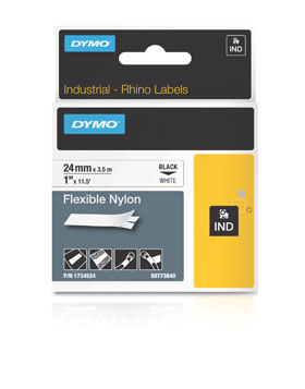 1734524 "DYMO, CONSUMABLES, INDUSTRIAL FLEXIBLE NYLON LABELS, FOR USE IN RHINO LABEL PRINTERS, 1"(25MM)X18"(5M), BLACK ON WHITE, UL969, 1 CARTRIDGE PER CASE, PRICED PER CASE, 5 ROLL MINIMUM"