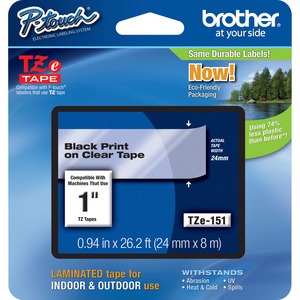 TZE151 TAPES BLACK ON CLEAR LAM 24MM Brother - Labels - laminated tape - black on clear - Roll (2.4CM X 7.9M) BROTHER MOBILE, P-TOUCH, STANDARD LAMINATED TAPES, 24MM BLACK ON CLEAR TAPE FOR P-TOUCH<br />BROTHER MOBILE, P-TOUCH, STANDARD LAMINATED TAPES, 1IN X 26.2FT BLACK ON CLEAR<br />24MM BLACK ON CLEAR TAPE FOR MULTI 25 P-TOUCH<br />BROTHER MOBILE, EOL REFER TO TZE151G, P-TOUCH, STANDARD LAMINATED TAPES, 1IN X 26.2FT BLACK ON CLEAR<br />24MM BLACK ON CLEAR TAPE FOR 5 P-TOUCH MULTI 25