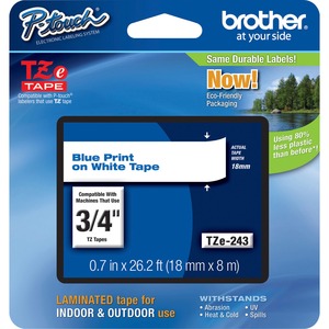 TZE243 TAPES BLUE ON WHITE LAM 18MM BROTHER TAPE BLUE ON WHITE FOR PT-2420-PC 18MM BLUE ON WHITE TAPE FOR P-TOUCH BROTHER MOBILE, P-TOUCH, STANDARD LAMINATED TAPES,<br />BROTHER MOBILE, P-TOUCH, STANDARD LAMINATED TAPES, 3/4IN X 26.2FT BLUE ON WHITE<br />18MM BLUE ON WHITE TAPE FOR MULTI 25P-TOUCH