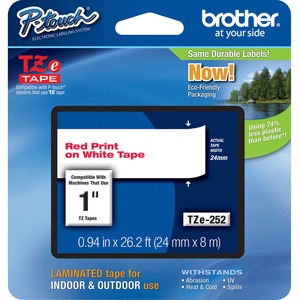 TZE252 RED ON WHITE 1 X 26 Brother - Labels - laminated tape - white, red - Roll (2.4CM X 7.9M) - 1 pcs. 24MM RED ON WHITE LAMINATED TAPES BROTHER MOBILE, P-TOUCH, STANDARD LAMINATED TAPES,<br />BROTHER MOBILE, P-TOUCH, STANDARD LAMINATED TAPES, 1IN X 26.2FT RED ON WHITE<br />24MM RED ON WHITE LAMINATED MULTI 25 TAPES