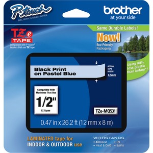 TZEMQ531 BROTHER MOBILE, 0.47 IN X 26.2 FT (12MM X 8MM), BLACK INK ON PASTEL BLUE LABEL<br />12MM BLACK ON PASTEL BLU TAPE MULTI 1 LAMINATING FOR P-TOUCH