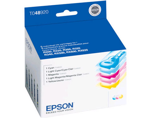 T048920-S COLOR INK MULTIPACK W/SENSOR MATIC Convenient multi-pack containing individual color cartridges (Cyan, Light Cyan,Magenta, Light Magenta, and Yellow) COLOR INK CARTRIDGE MULTIPACK F/STYLUS PHOTO R200/R300/R300M