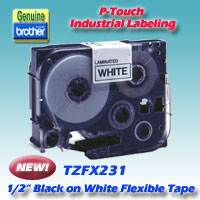 TZFX231 BLACK PRINT ON WHITE TAPE,12MM Brother TZ FX231 - labels - Roll (0.47 in x 26.3 ft) BROTHER MOBILE, REPLACED BY THE TZEFX231, P-TOUCH,<br />BROTHER MOBILE, REPLACED BY THE TZEFX231, P-TOUCH, 1/2IN (12MM) BLACK ON WHITE INDUSTRIAL TAPE, 6 PER CARTON, PRICED PER CARTRIDGE