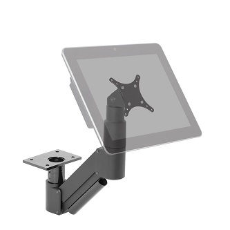 3520-800-104 Shrt Rch Under Tbl Mnt BLK sup22.5-38lbs<br />HAT DESIGN WORKS, SHORT REACH UNDER TABLE TOUCH SCREEN MOUNT, SUPPORTS 22.5-35 LBS, INC VESA ADAPTER FOR 75MM AND 100MM HOLE PATTERNS, BLACK