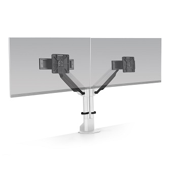 E2-2-248 HAT DESIGN WORKS, DUAL ENVOY MONITOR ARM WITH TOP DOWN CLAMP/GROMMET MOUNT, WHITE<br />E2 Dual Monitor Arm White