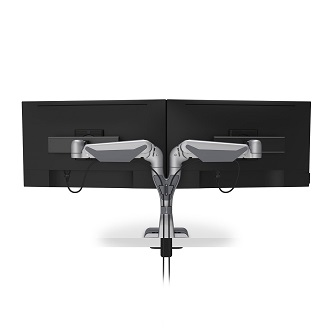 E5-D2-SLV HAT DESIGN WORKS, E5 DUAL DYNAMIC MONITOR ARM, SUPPORTS (2) SCREENS 0-25LBS AND UP TO 32"" EACH, VESA 75/100MM, QUICK INSTALL W/CABLE MGMT, ROTATION STOPS, TENSION INDICATOR, 15 YR WARRANTY, SILVER<br />E5 Dual Dynamic Monitor Arm - Silver