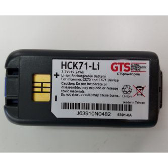 HCK71-LI BTRY,INTERMEC CK70/71 The HCK71-Li is a direct replacement battery for the Intermec CK70/71 device. This battery extends the devices operating time and reduces the total number of batteries needed. GTS, INTERMEC CK70/CK71, BATTERY REPLACEMENT, LI-ION, 5200 MAH, 3.7V, OEM P/N 318-046-011IN The HCK71-Li is a direct replacement battery for the Intermec CK70"71 device. This battery extends the devices operating time and reduces the total number of batteries needed. GTS, REFER TO HCK71-LI-B, INTERMEC CK70/CK71, BATT GLOBAL TECHNOLOGY SOLUTIONS, GTS, MOBILE SCANNER A GLOBAL TECHNOLOGY SYSTEMS, GTS, MOBILE SCANNER AND<br />BTRY INT CK70/71 5200MAH, 318-046-031<br />GLOBAL TECHNOLOGY SYSTEMS, GTS, MOBILE SCANNER AND PRINTER, HONEYWELL, CK70/71, OEM PART # 318-046-031, CAPACITY 5200, VOLTAGE 3.7