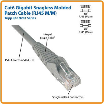 N201-006-GY Cat6 Cable (RJ45 M/M),PoE,Gray,6 ft.