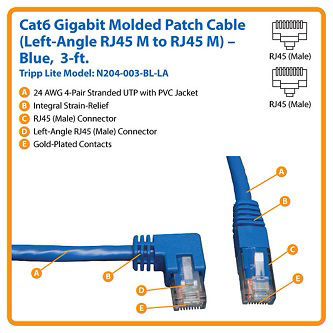 N204-003-BL-LA Cat6 Cable (RJ45 Lf-Ang M/M),Blue,3 ft.